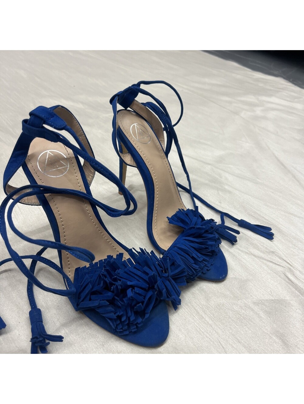 Royal Blue Heels Fringe Sandals Tassels Strappy Stiletto Shoes Women Size 9